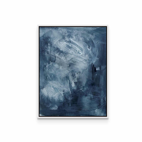 an abstract painting with blue and white colors