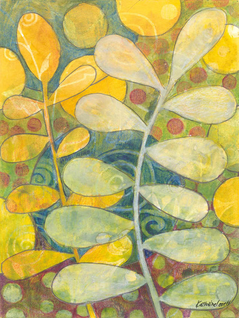 a painting of yellow flowers and leaves