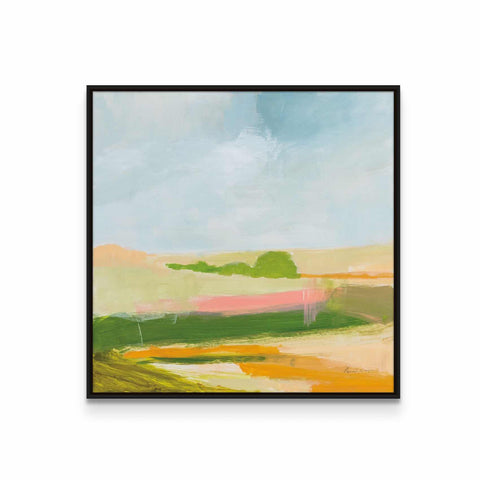 a painting of a green field with a blue sky in the background