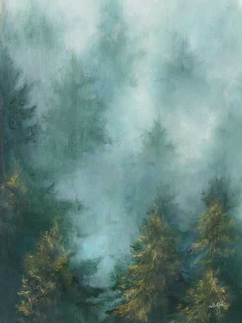 a painting of a foggy forest filled with trees
