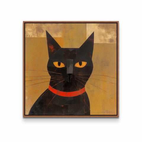 a painting of a black cat with yellow eyes