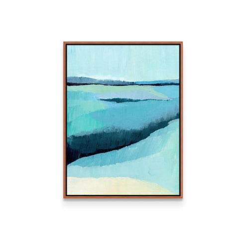 a painting of blue water with a brown frame