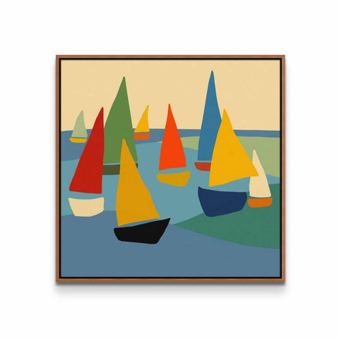 a painting of sailboats floating on a body of water