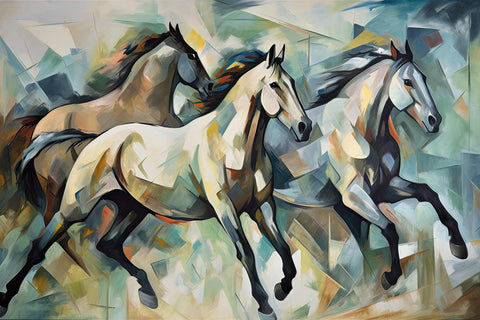 a painting of three horses running in the wind