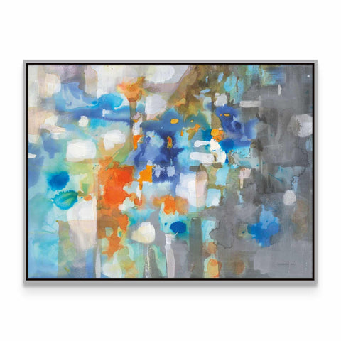 an abstract painting with blue, orange and white colors