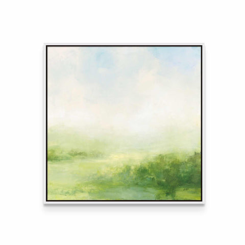 a painting of a green field with a sky in the background
