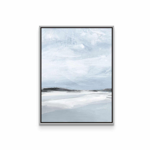a white and grey painting hanging on a wall