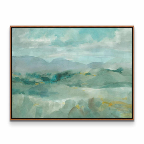 a painting of a green landscape with mountains in the background