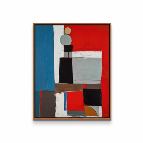 a painting with a red, blue, and black design