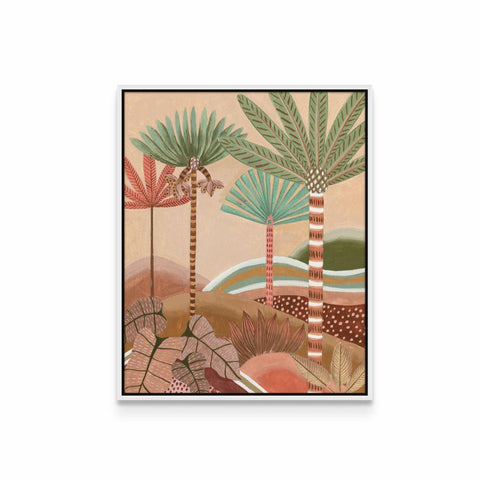 a painting of palm trees in a desert