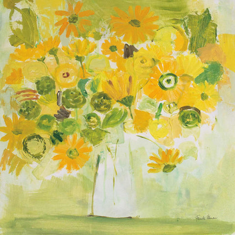 a painting of yellow flowers in a white vase