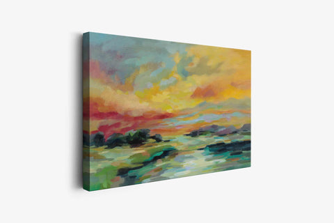 a painting of a sunset over a body of water