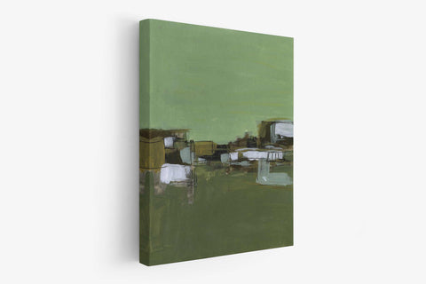 a painting of a green cityscape with buildings in the background