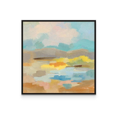 a painting of a lake with clouds in the sky