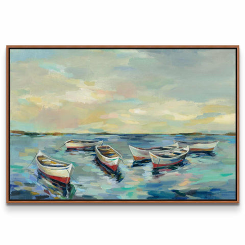 a painting of three boats in the water
