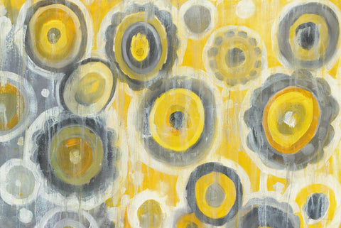a painting of yellow and gray circles on a yellow background