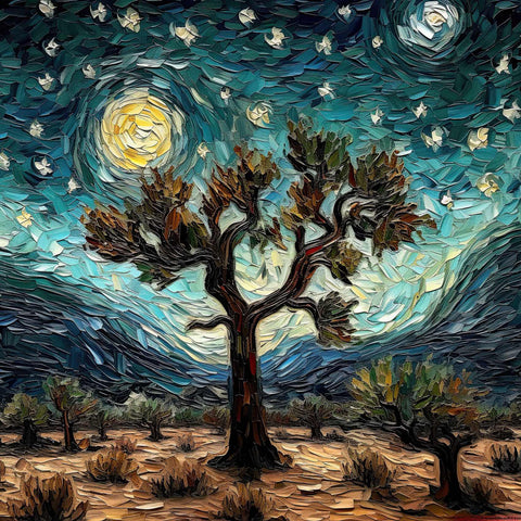 a painting of a tree in the middle of a desert