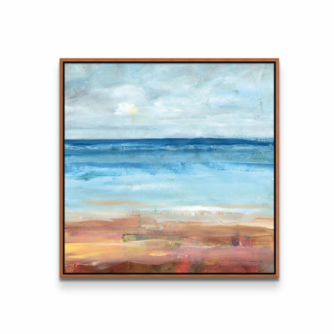 a painting of a blue ocean with a brown frame