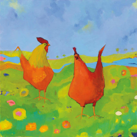 a painting of two chickens standing in a field
