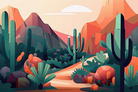 a painting of a desert scene with cactus trees