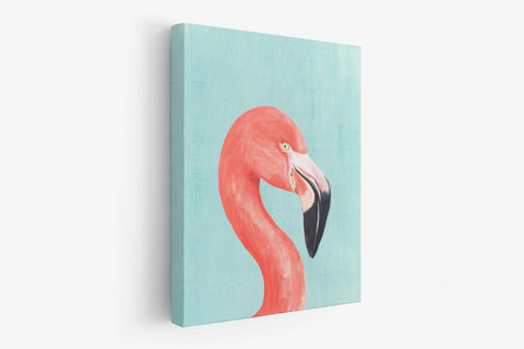 a painting of a pink flamingo on a blue background