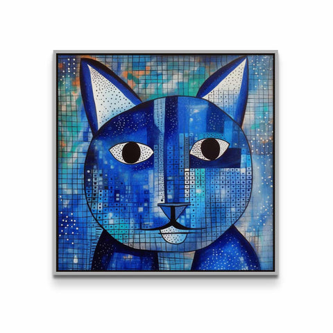 a painting of a blue cat with black eyes