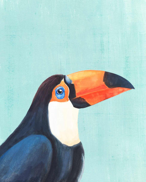 a painting of a toucan on a blue background