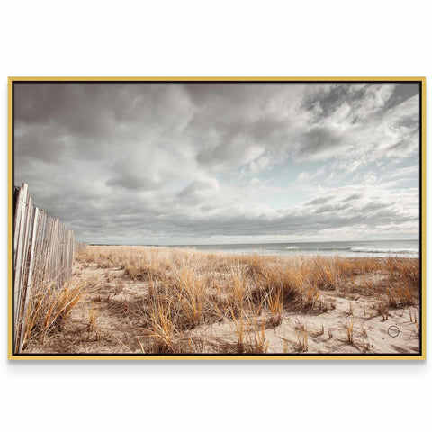 a picture of a beach with grass and a fence