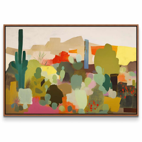 a painting of a desert with cactus trees