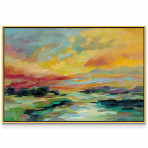 a painting of a sunset over a body of water