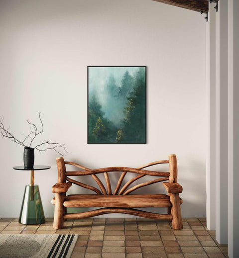 a wooden bench in a room with a painting on the wall