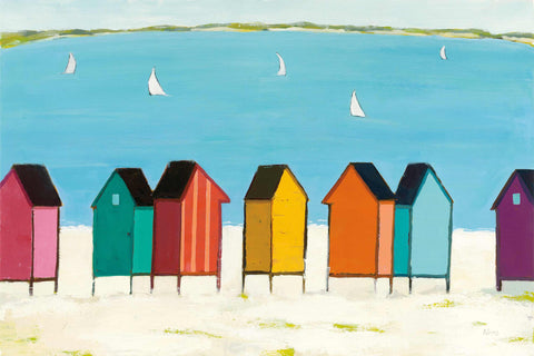 a painting of a row of colorful beach huts