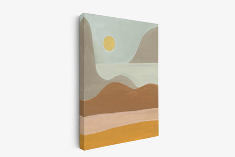 a painting of a desert landscape with a sun in the sky
