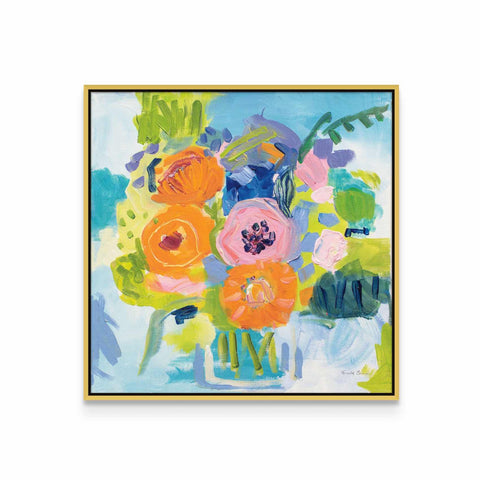 a painting of colorful flowers in a vase