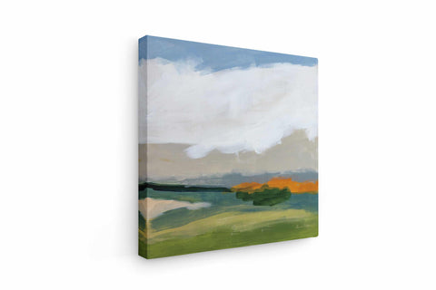 a painting of a green field with clouds in the background