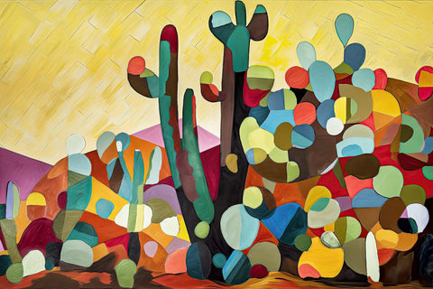 a painting of a cactus with a yellow sky in the background