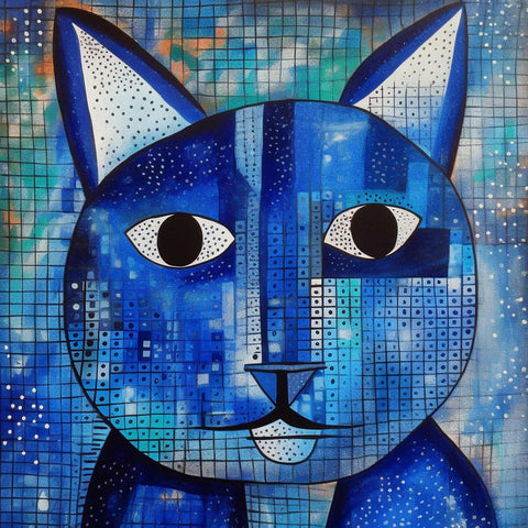 a painting of a blue cat with black eyes