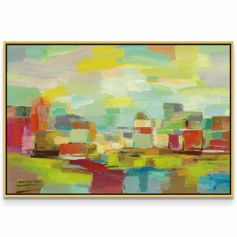 an abstract painting of a cityscape