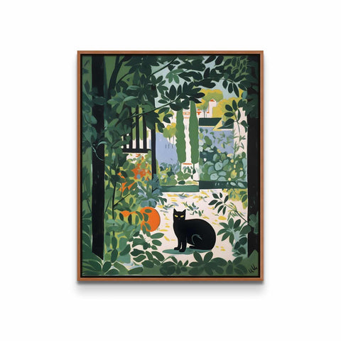 a painting of a black cat sitting in a forest