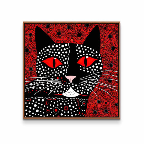a painting of a black cat with red eyes