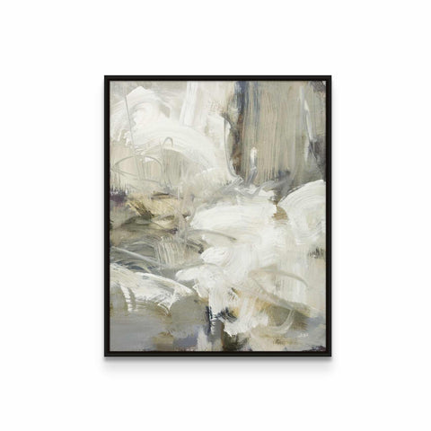 an abstract painting in a black frame on a white wall