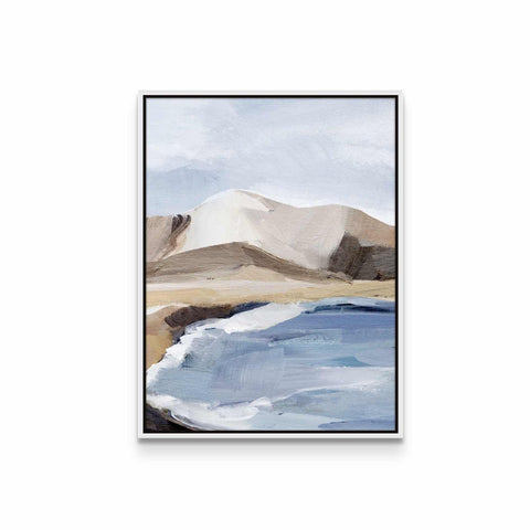 a painting of a beach with a mountain in the background