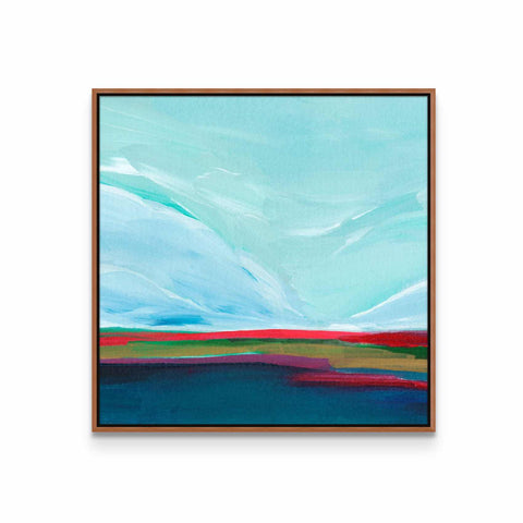 a painting of blue, green, and red on a white wall