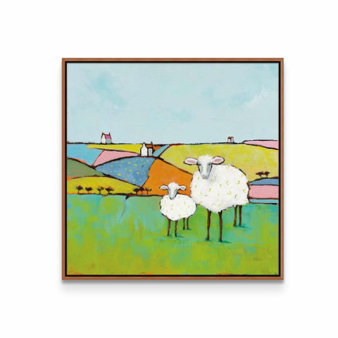 a painting of two sheep standing in a field