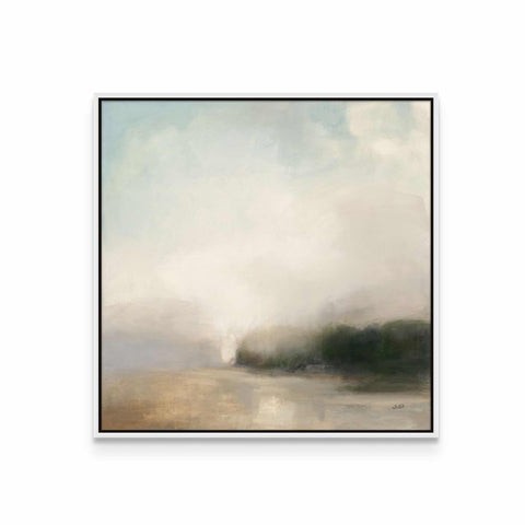 a painting of a foggy landscape on a white wall