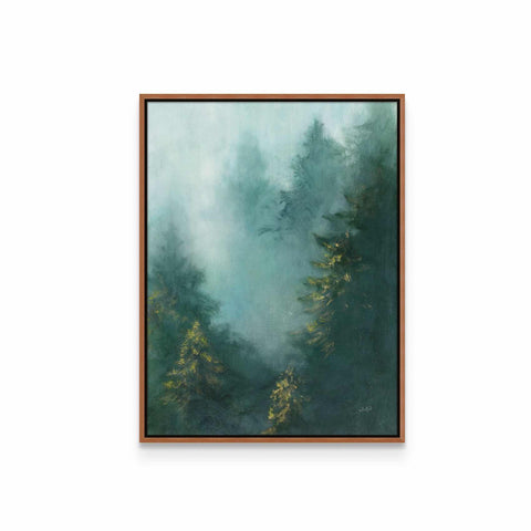 a painting of a foggy forest with pine trees