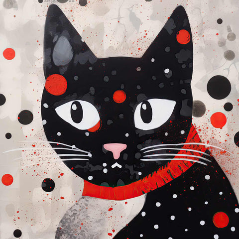 a painting of a black cat wearing a red scarf