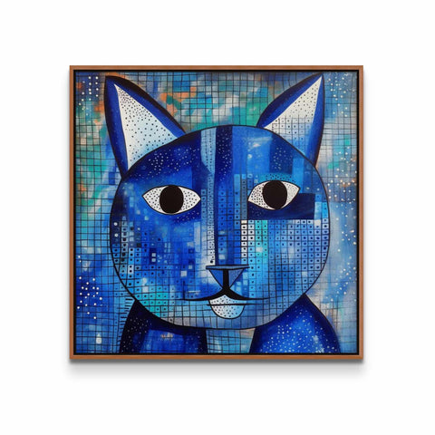 a painting of a blue cat with black eyes