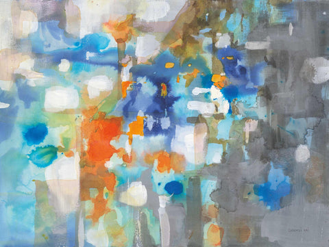 an abstract painting with blue, orange, and white colors