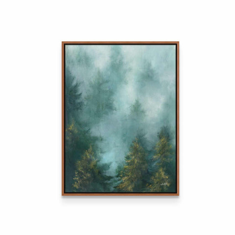 a painting of trees in a foggy forest